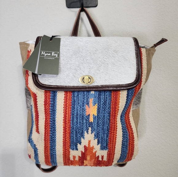 Myra Bag Handbags - Myra Bag Orange and Blue with Cow Hide 100% leather backpack NWT